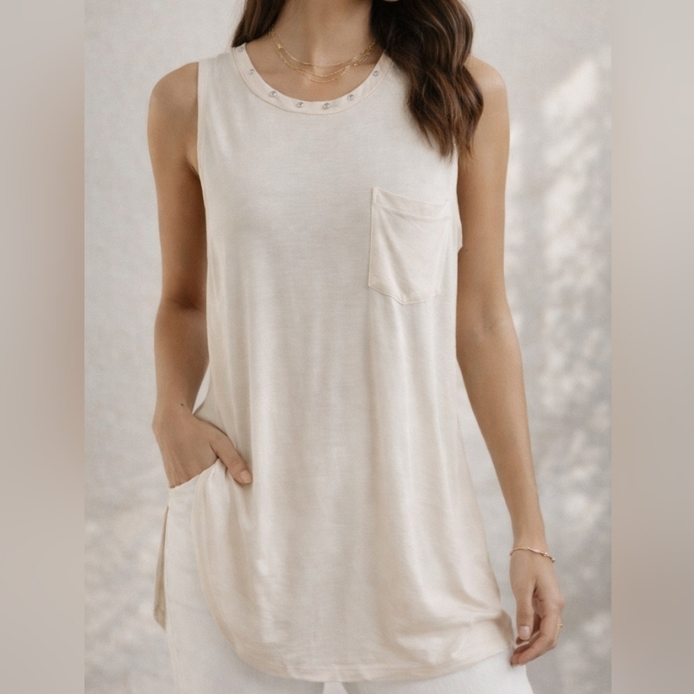 Haute Hippie Silk Modal Tunic Tank Top Cream Studded Neck Sleeveless Blouse Size